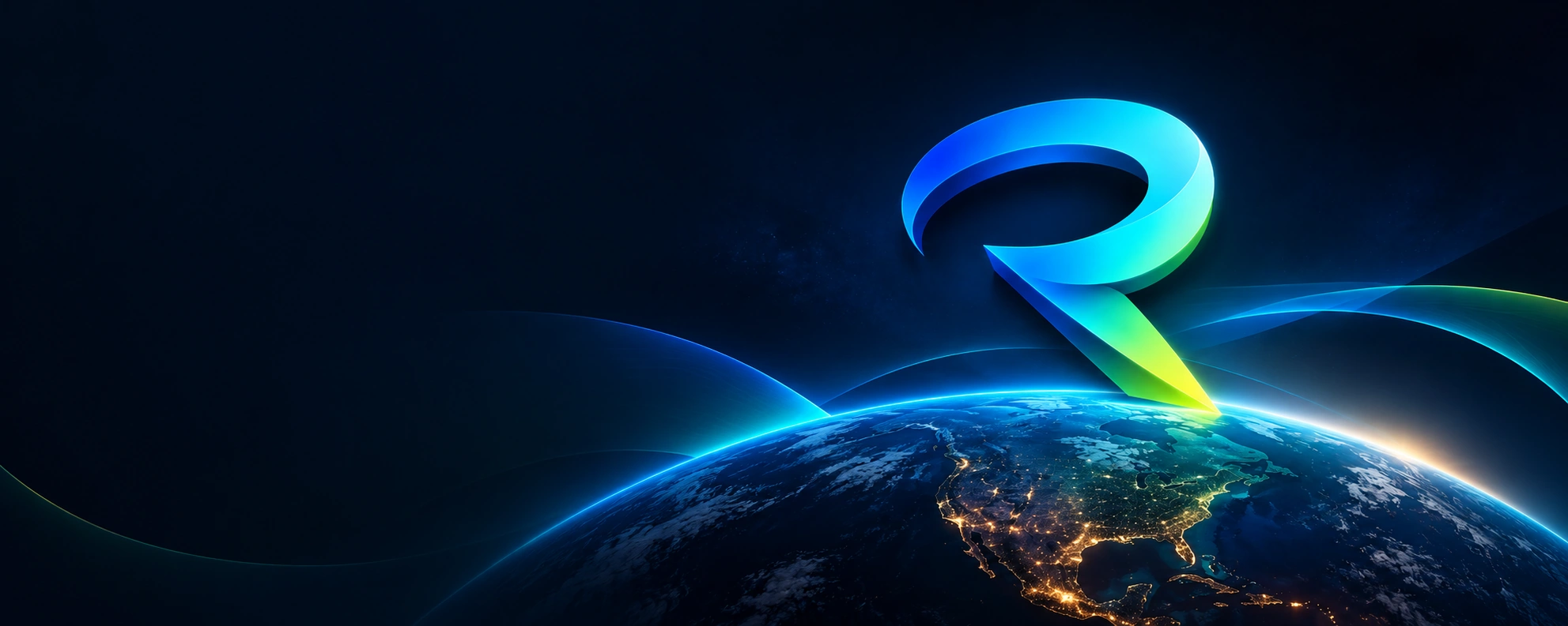 The ReadiCom ribbon R above Earth's illuminated horizon, connected by flowing blue, cyan, and green ribbons