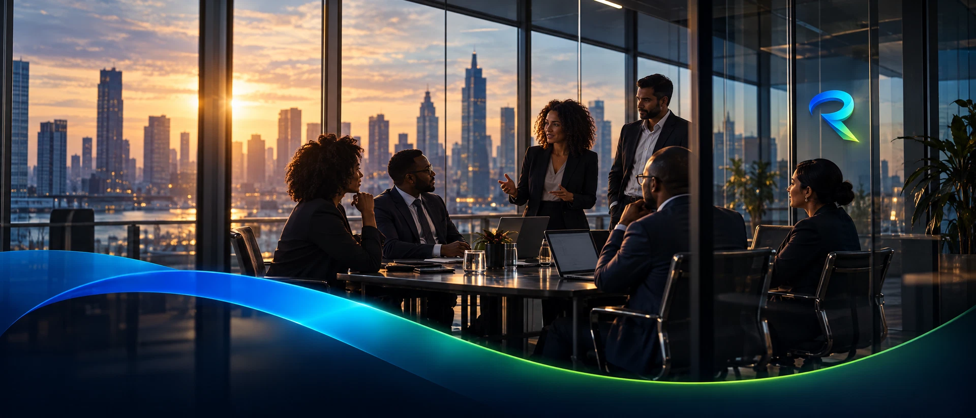Business leaders meeting in a city-facing boardroom