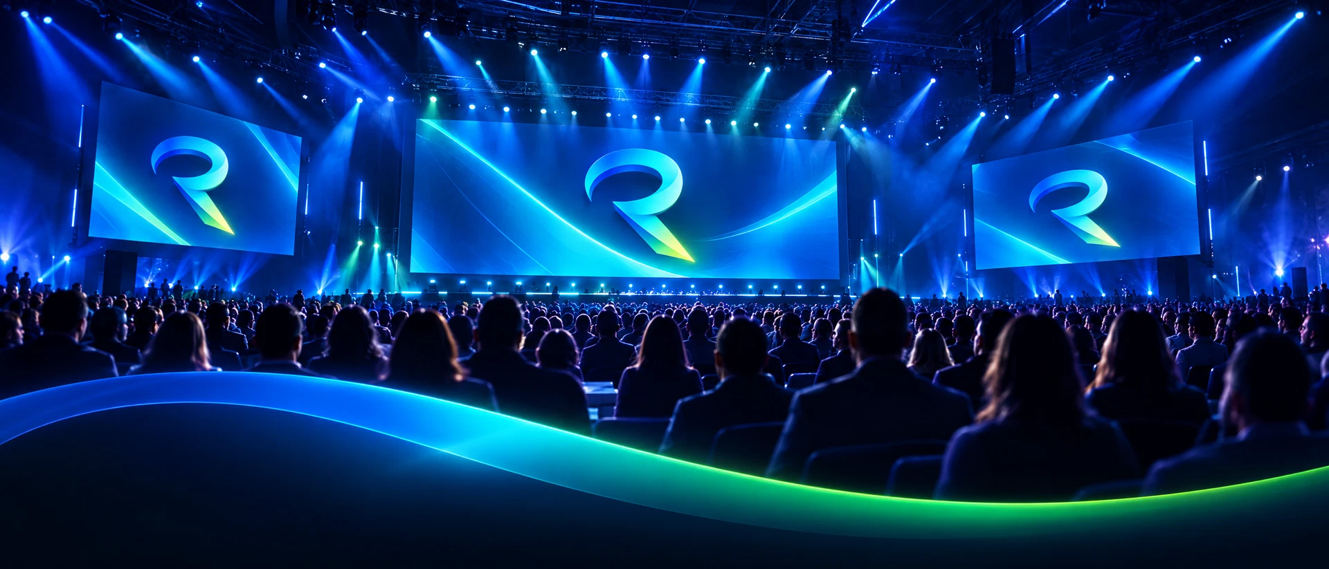 An audience attending an immersive blue-lit conference experience