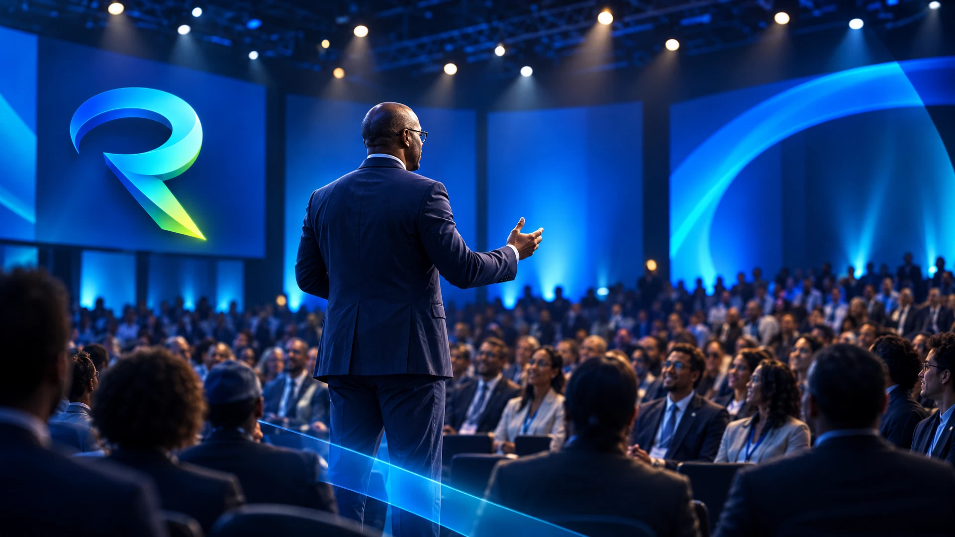 A keynote speaker addressing a professional audience in a blue-lit auditorium